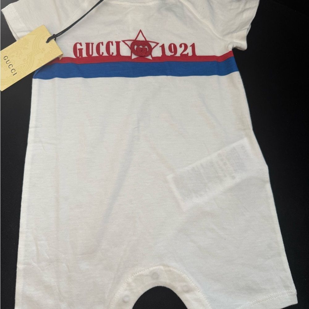 Nwt Gucci Infant Romper in White with Red and Blue Stripes 3/6 months